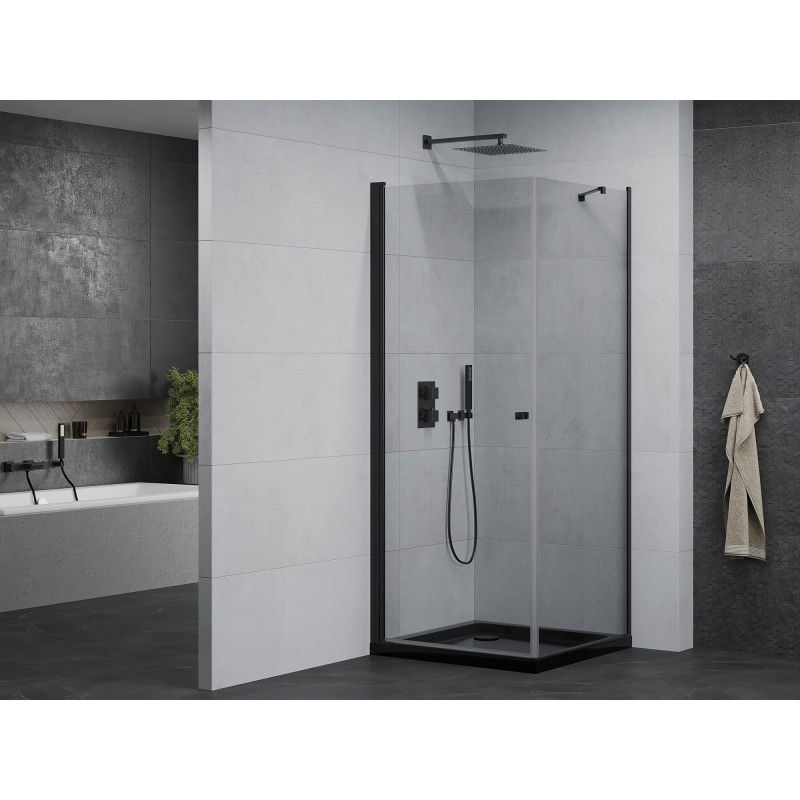 Mexen Pretoria 80 x 80 cm Hinged Shower Enclosure, Transparent, Black + Flat Tray, Black - 852-080-080-70-00-4070B