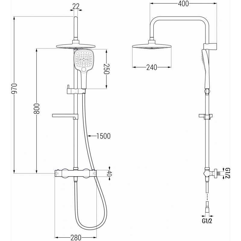 Mexen KX17 exposed shower set with rain shower and thermostatic faucet, black - 771501791-70
