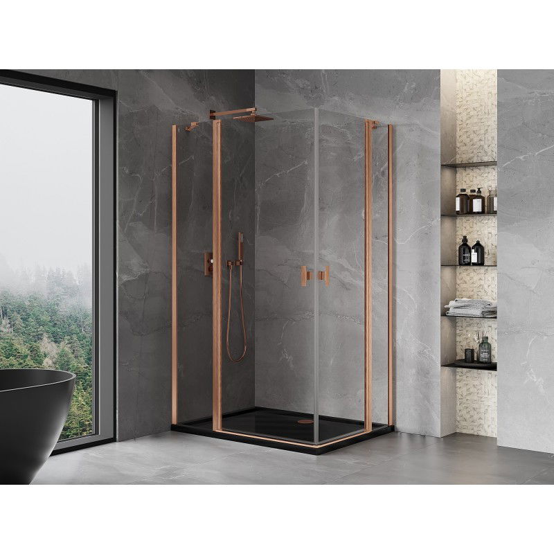 Mexen Mist Duo shower enclosure with hinged doors 90 x 75 cm, transparent, brushed copper - 8A4-090-075-65-00