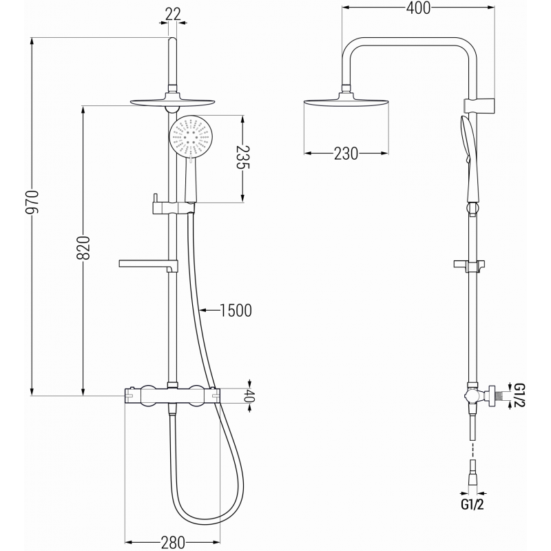 Mexen KX33 exposed shower set with rain shower and thermostatic mixer, black - 771503391-70