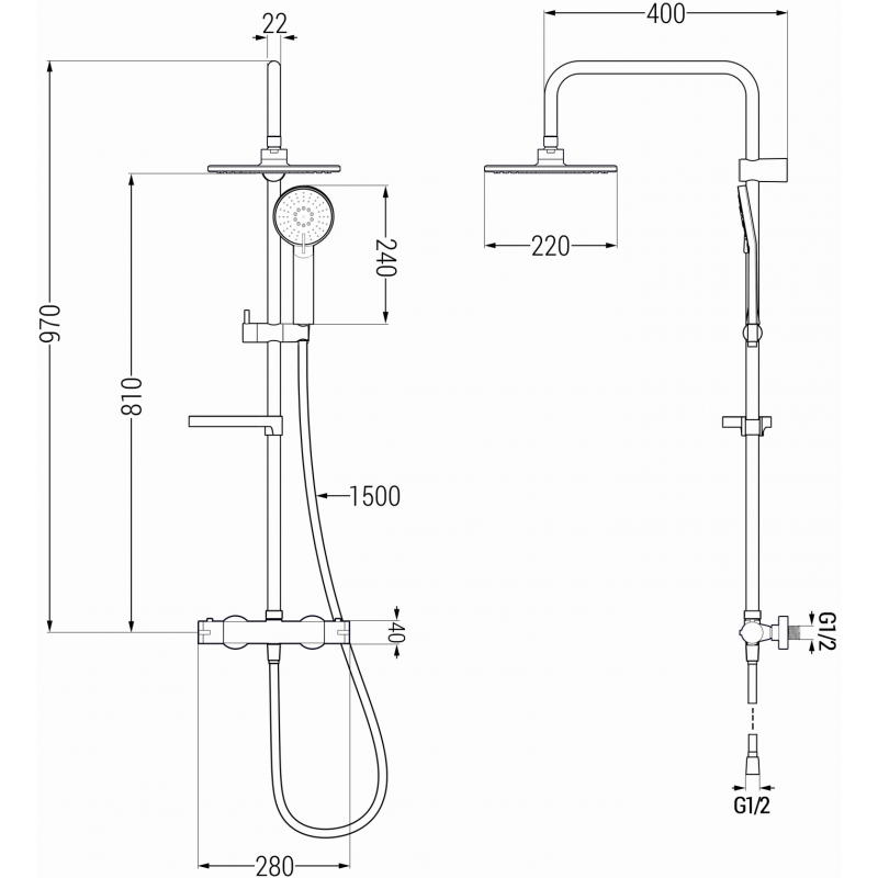 Mexen KX40 exposed shower set with rain showerhead and thermostatic faucet, chrome - 771504091-00