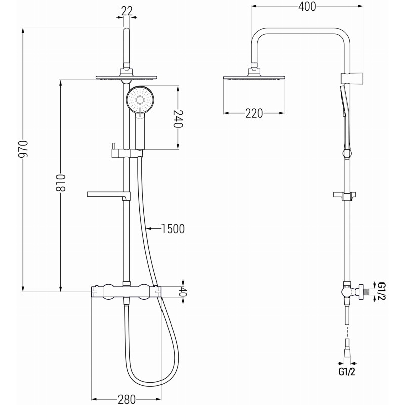 Mexen KX40 exposed shower set with rain shower and thermostatic faucet, brushed gun gray - 771504091-66