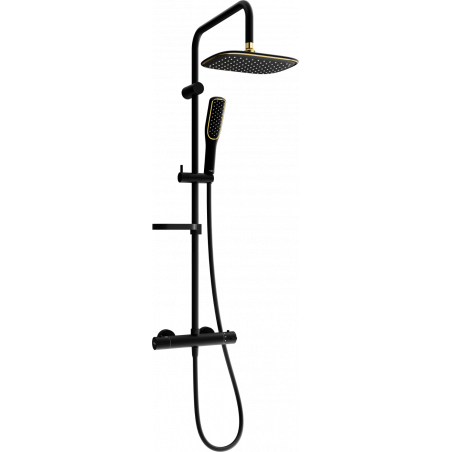Mexen KX49 surface-mounted shower set with a rain shower head and thermostatic faucet, black/gold - 771504991-75
