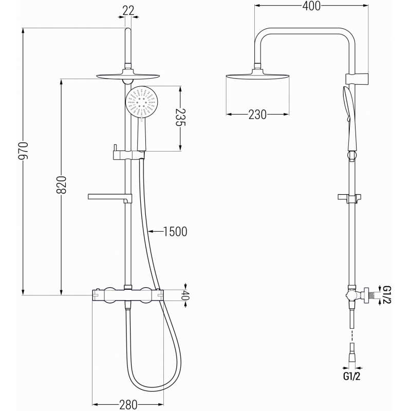Mexen KX67 exposed shower set with rain showerhead and thermostatic faucet, black - 771506791-70