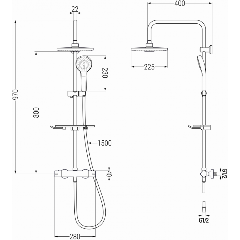 Mexen KT05 exposed shower set with rain shower and thermostatic faucet, chrome/white - 771500593-00
