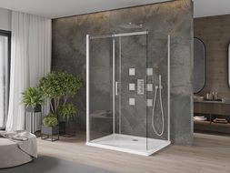 Mexen Omega extendable 3-walled shower cubicle 130 x 100 cm, transparent, Chrome + shower tray Flat - 825-130-100-01-00-3s-4010