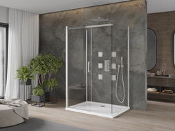 Mexen Omega extendable 3-walled shower cubicle 140 x 90 cm, transparent, Chrome + shower tray Flat - 825-140-090-01-00-3s-4010