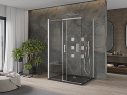 Mexen Omega extendable 3-walled shower cubicle 100 x 100 cm, transparent, Chrome + shower tray Flat - 825-100-100-01-00-3s-4070