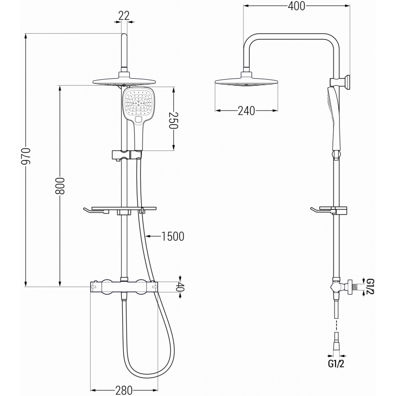 Mexen KT17 exposed shower set with rain shower and thermostatic faucet, chrome - 771501793-00