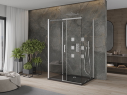 Mexen Omega extendable 3-walled shower cubicle 140 x 80 cm, transparent, Chrome + shower tray Flat - 825-140-080-01-00-3s-4070