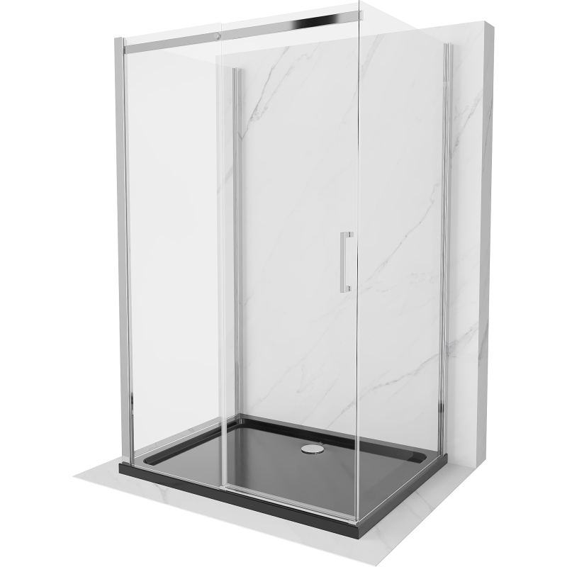 Mexen Omega extendable 3-walled shower cubicle 140 x 80 cm, transparent, Chrome + shower tray Flat - 825-140-080-01-00-3s-4070