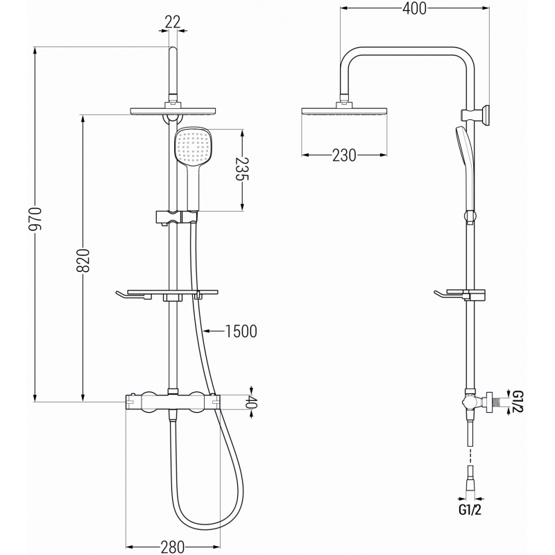 Mexen KT33 surface-mounted shower set with rain shower head and thermostatic faucet, black - 771503393-70