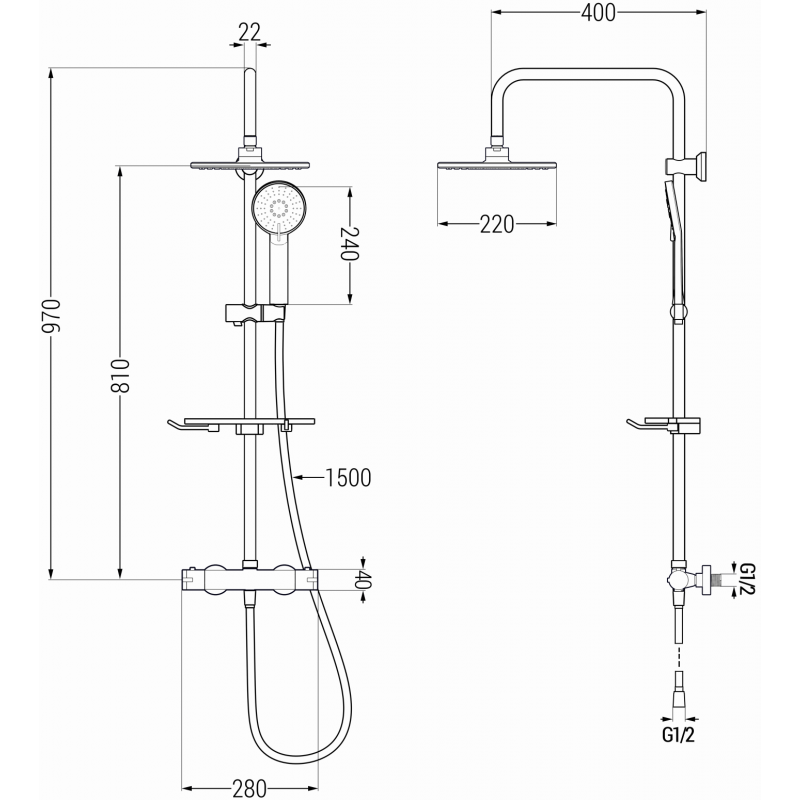 Mexen KT40 exposed shower set with rain showerhead and thermostatic mixer, graphite - 771504093-66