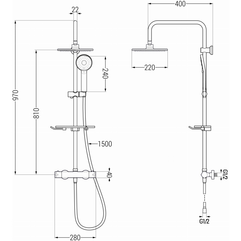 Mexen KT40 surface-mounted shower set with rain shower and thermostatic faucet, brushed gun gray - 771504093-66