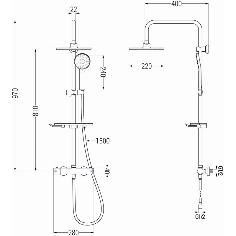 Mexen KT40 surface-mounted shower set with rain showerhead and thermostatic faucet, graphite - 771504093-66