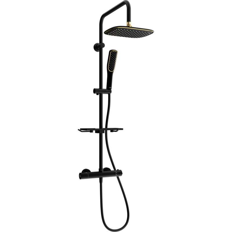 Mexen KT49 surface-mounted shower set with showerhead and thermostatic faucet, black/gold - 771504993-75