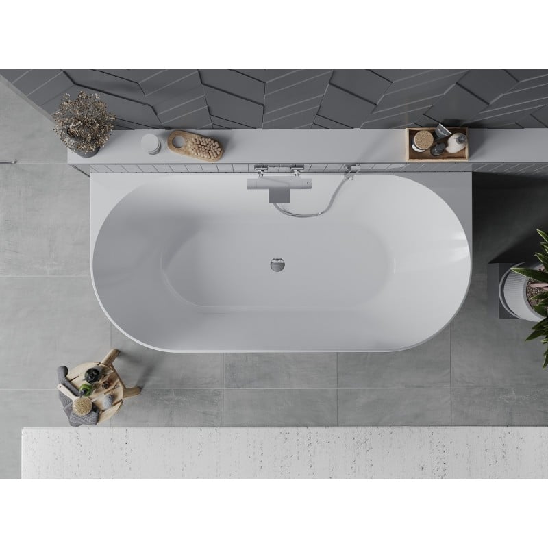 Mexen Oval Slim 170 x 80 cm Free-standing Back-to-wall Bath, White, Chrome Overflow - 52661708000-01