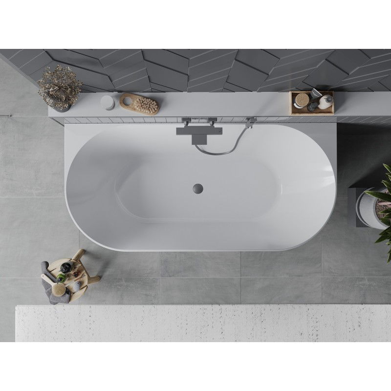 Mexen Oval Slim freestanding back-to-wall bath 170 x 80 cm, white, overflow gun metal - 52661708000-95