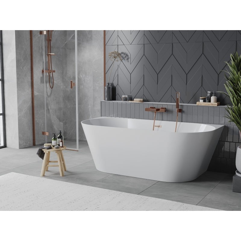 Mexen Oval Slim freestanding back-to-wall bath 170 x 80 cm, white, brushed copper overflow - 52661708000-65