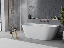 Mexen Oval Slim freestanding wall-adjacent bathtub 170 x 80 cm, white, brushed copper overflow - 52661708000-65