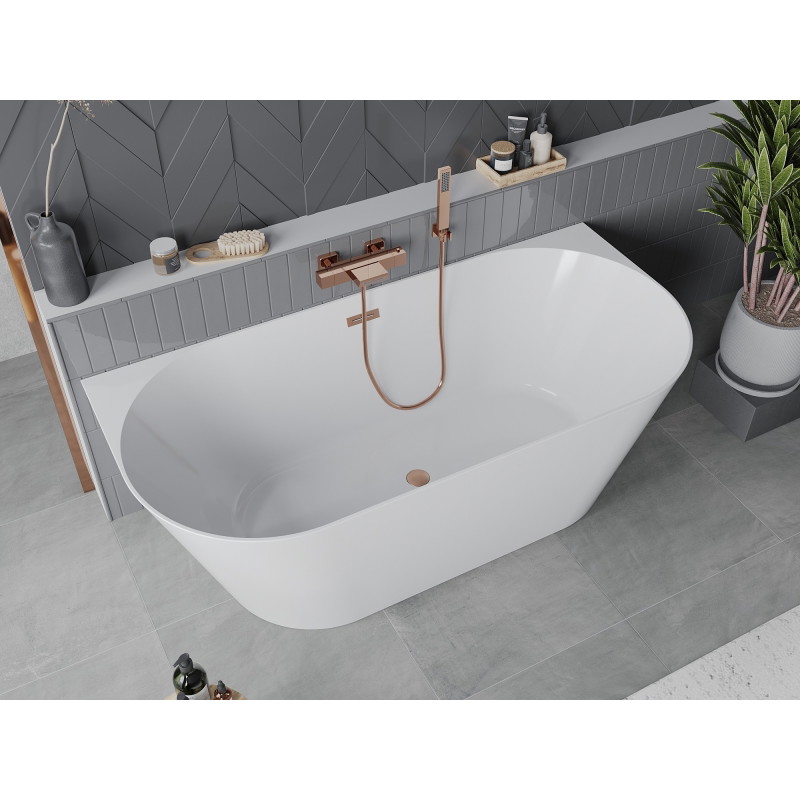 Mexen Oval Slim freestanding wall-adjacent bathtub 170 x 80 cm, white, brushed copper overflow - 52661708000-65