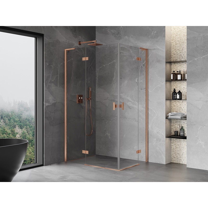 Mexen Mist-H L Duo Hinged Shower Enclosure Left 90 x 70 cm, Transparent, Brushed Copper - 8A5L-090L-070P-65-00