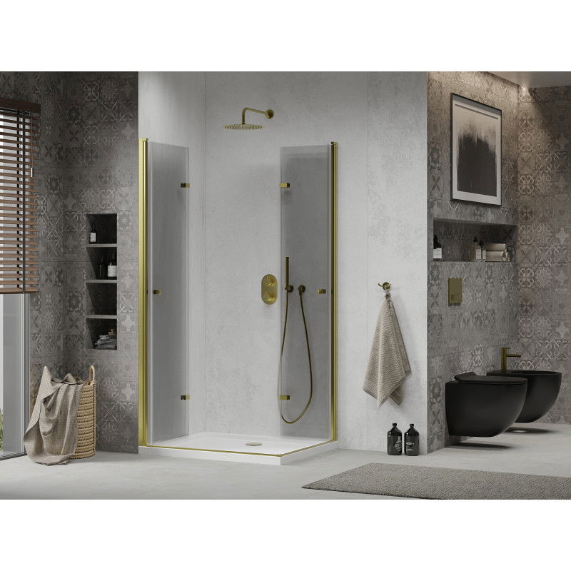 Mexen Lima Duo folding shower cabin 80 x 70 cm, transparent, gold + Flat shower tray - 856-080-070-50-02-4010G