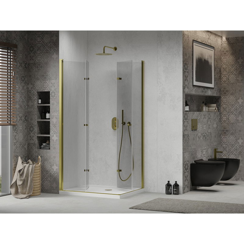 Mexen Lima Duo folding shower enclosure 100 x 90 cm, transparent, gold + Flat tray - 856-100-090-50-02-4010G