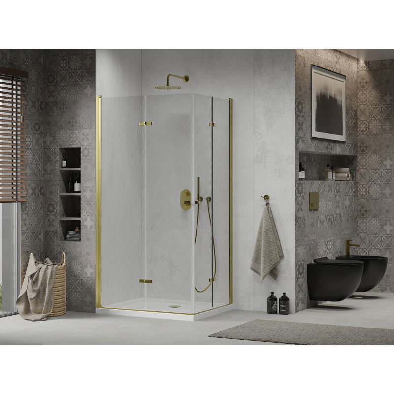 Mexen Lima Duo folding shower enclosure 100 x 90 cm, transparent, gold + Flat tray - 856-100-090-50-02-4010G
