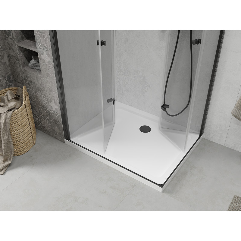 Mexen Lima Duo Folding Shower Cabin 90 x 80 cm, Transparent, Black + Flat Shower Tray - 856-090-080-70-02-4010B