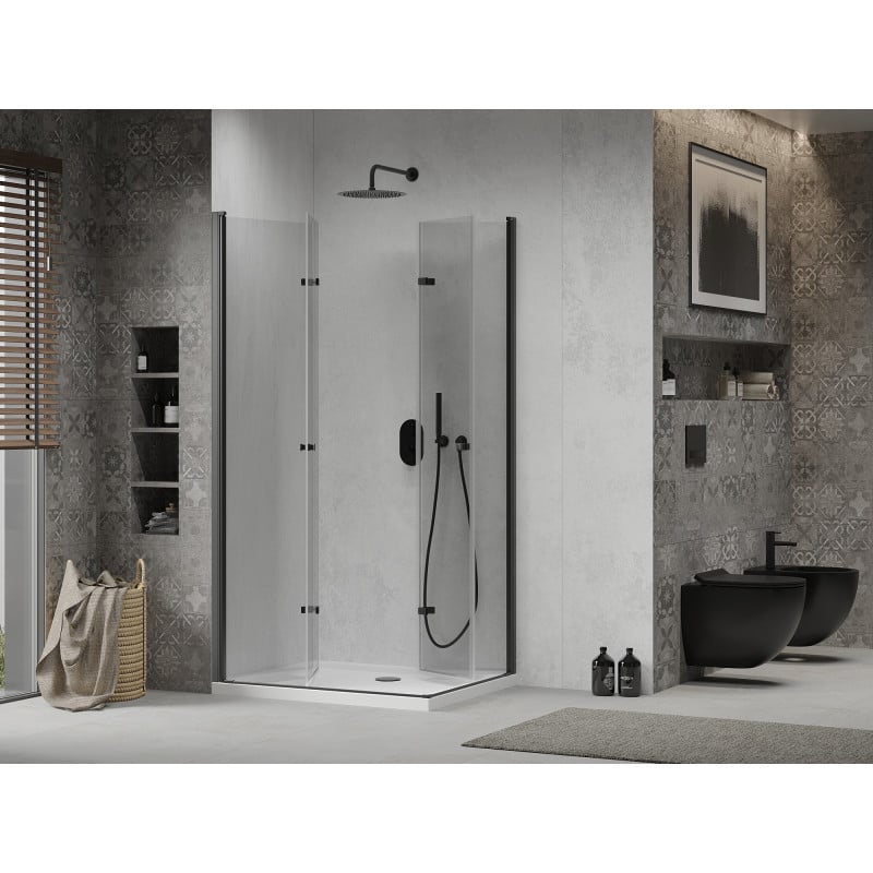 Mexen Lima Duo Folding Shower Cabin 90 x 80 cm, Transparent, Black + Flat Shower Tray - 856-090-080-70-02-4010B