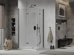 Mexen Lima Duo Folding Shower Cabin 90 x 80 cm, Transparent, Black + Flat Shower Tray - 856-090-080-70-02-4010B