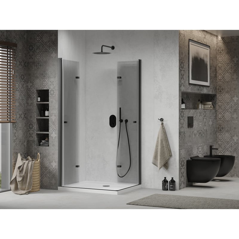 Mexen Lima Duo Folding Shower Cabin 90 x 80 cm, Transparent, Black + Flat Shower Tray - 856-090-080-70-02-4010B
