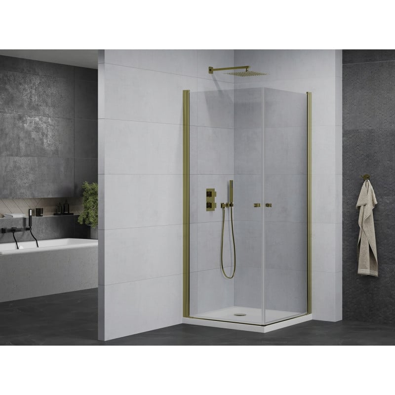 Mexen Pretoria Duo Hinged Shower Cabin 70 x 70 cm, Transparent, Gold + Flat Shower Tray - 852-070-070-50-02-4010G
