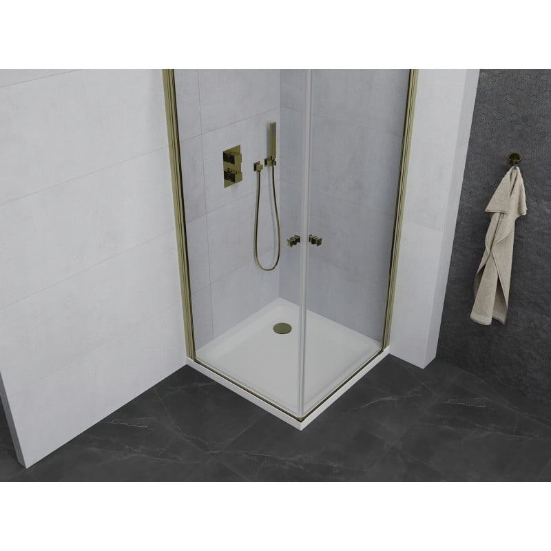 Mexen Pretoria Duo Hinged Shower Cabin 70 x 70 cm, Transparent, Gold + Flat Shower Tray - 852-070-070-50-02-4010G
