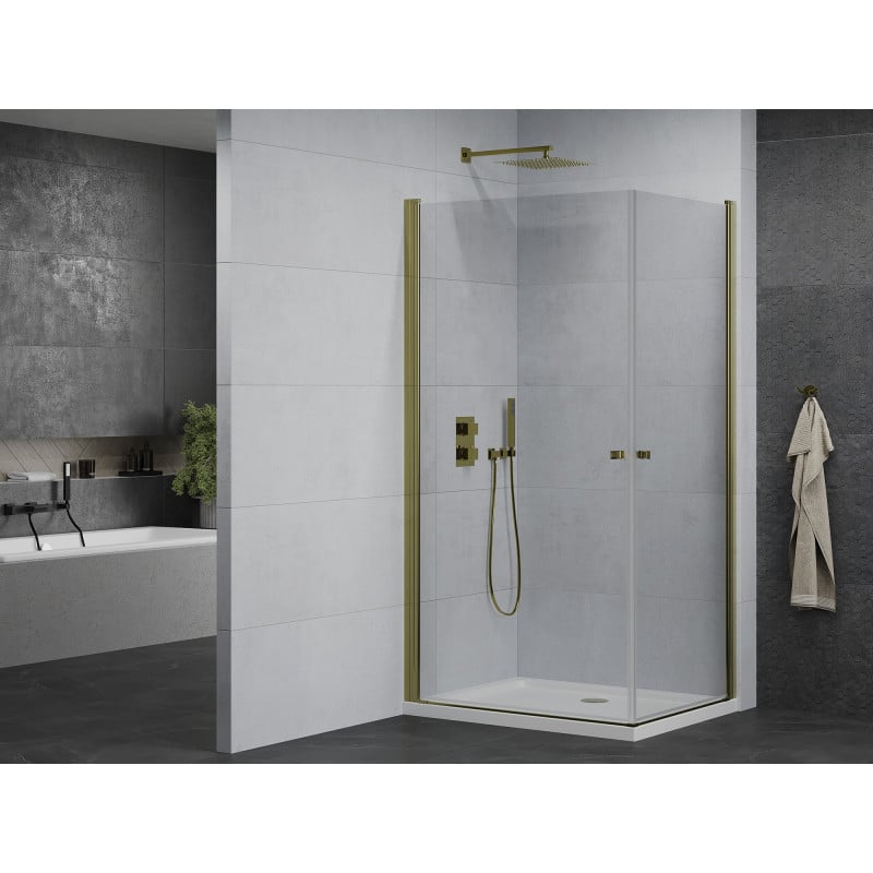 Mexen Pretoria Duo 80 x 70 cm Hinged Shower Enclosure, Transparent, Gold + Flat Tray - 852-080-070-50-02-4010G