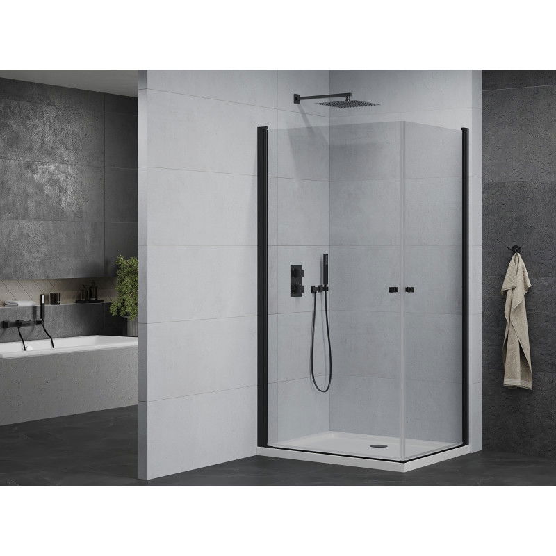 Mexen Pretoria Duo hinged shower cabin 90 x 80 cm, transparent, black + Flat shower tray - 852-090-080-70-02-4010B