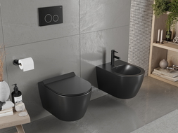 Mexen Carmen Rimless toilet bowl with a slim soft close toilet seat, Thermosetting polymer, Black matt - 30880185