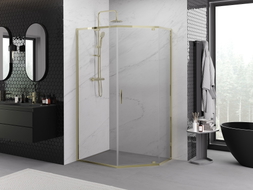 Mexen Exo-R pentagon-shaped shower enclosure with hinged door 90 x 80 cm, transparent, gold - 812-090-080-50-00