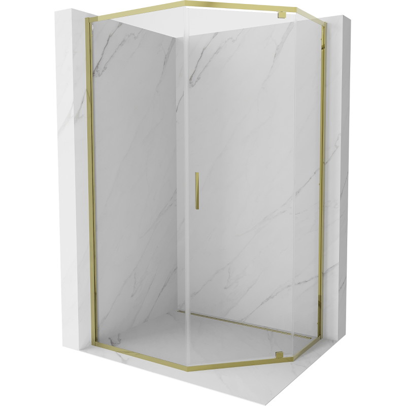 Mexen Exo-R pentagon-shaped shower enclosure with hinged door 90 x 80 cm, transparent, gold - 812-090-080-50-00