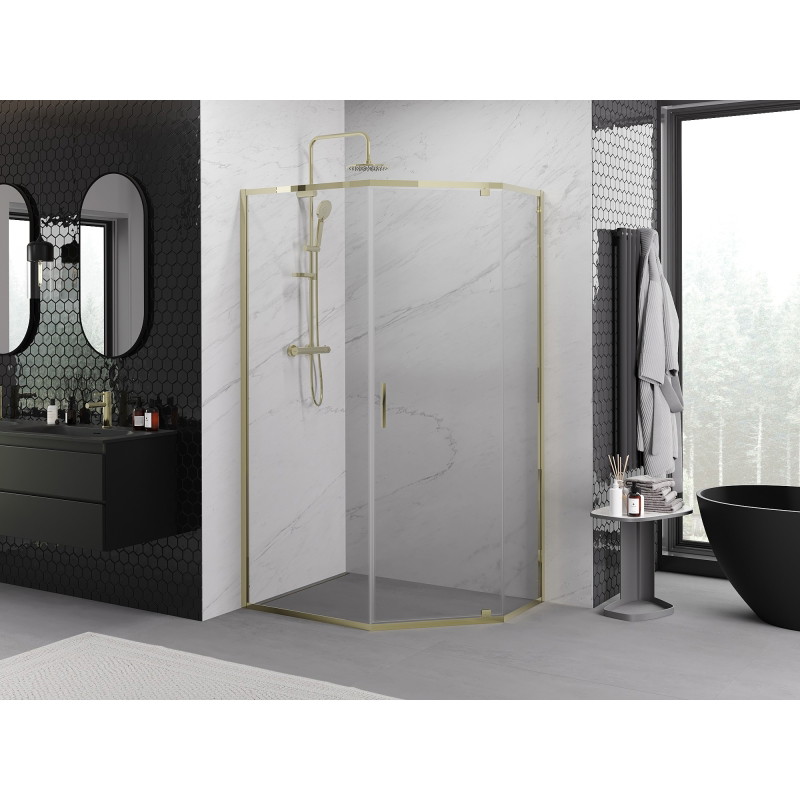Mexen Exo-R pentagonal hinged shower cabin 100 x 90 cm, transparent, gold - 812-100-090-50-00
