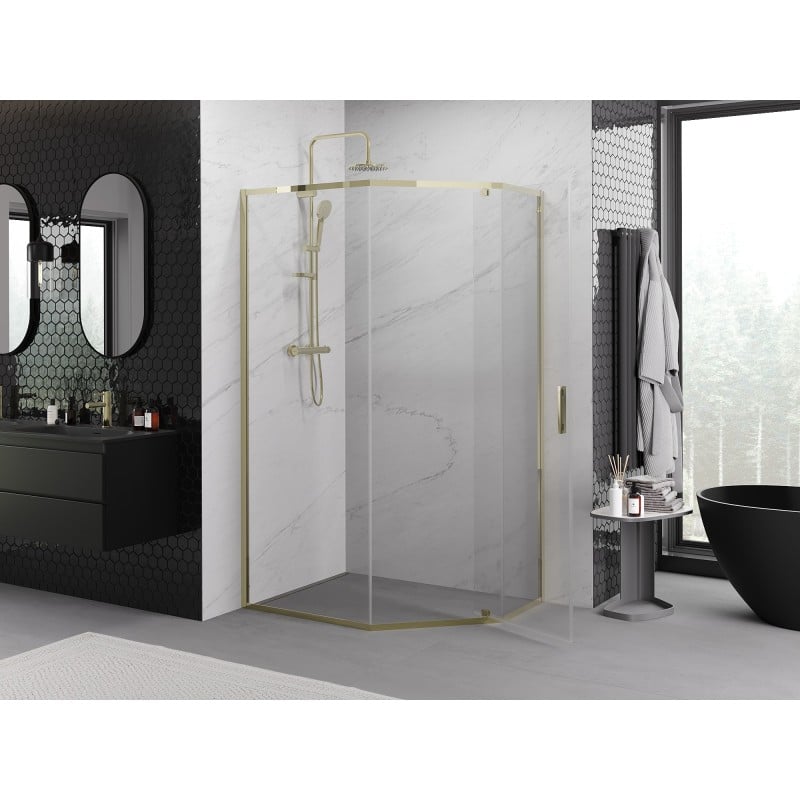 Mexen Exo Pentagonal Hinged Shower Enclosure 100 x 90 cm, Transparent, Gold - 812-100-090-50-00