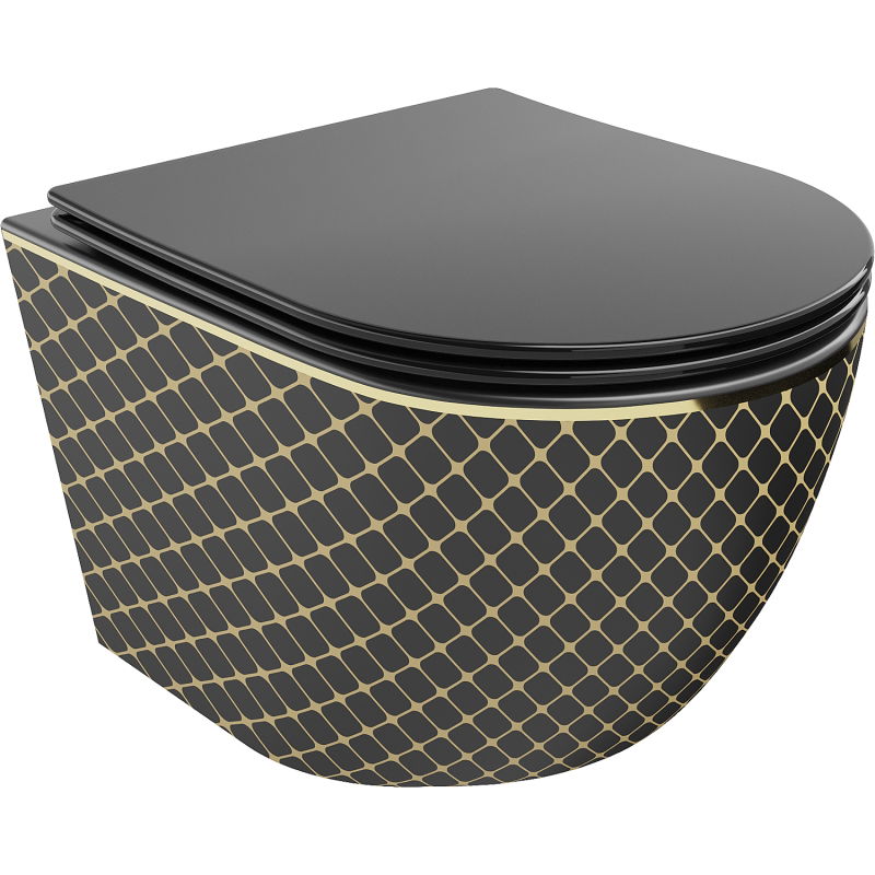 Mexen Lena Rimless toilet bowl with a slim soft close toilet seat, duroplast, Black/gold checked pattern - 30224079