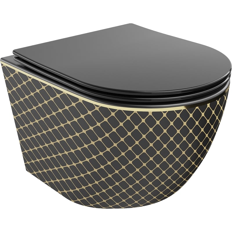 Mexen Lena Rimless Toilet Bowl with Soft-Close Slim Seat, Duroplast, Matte Black/Gold Check Pattern - 30224079