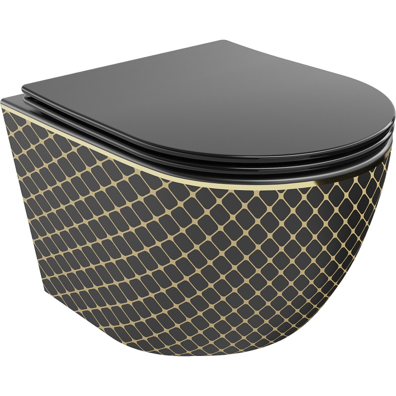 Mexen Lena Rimless WC bowl with soft-close slim seat, duroplast, black matte/gold grid pattern - 30224079