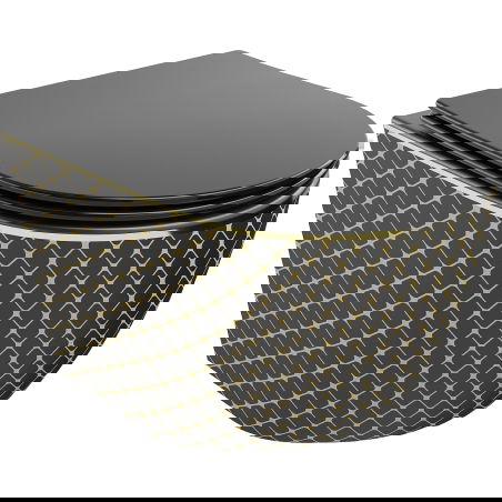 Mexen Lena Rimless toilet bowl with a slim soft close toilet seat, duroplast, Black/gold checked pattern - 30224079