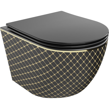 Mexen Lena Rimless WC bowl with soft-close slim seat, duroplast, black matte/gold grid pattern - 30224079