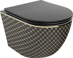 Mexen Lena Rimless WC bowl with soft-close slim seat, duroplast, black matte/gold grid pattern - 30224079