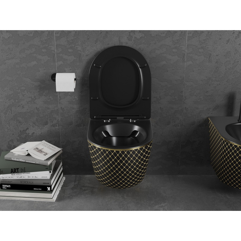 Mexen Lena Rimless WC bowl with soft-close slim seat, duroplast, black matte/gold grid pattern - 30224079