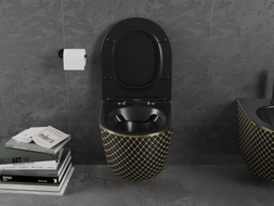 Mexen Lena Rimless WC bowl with soft-close slim seat, duroplast, black matte/gold grid pattern - 30224079